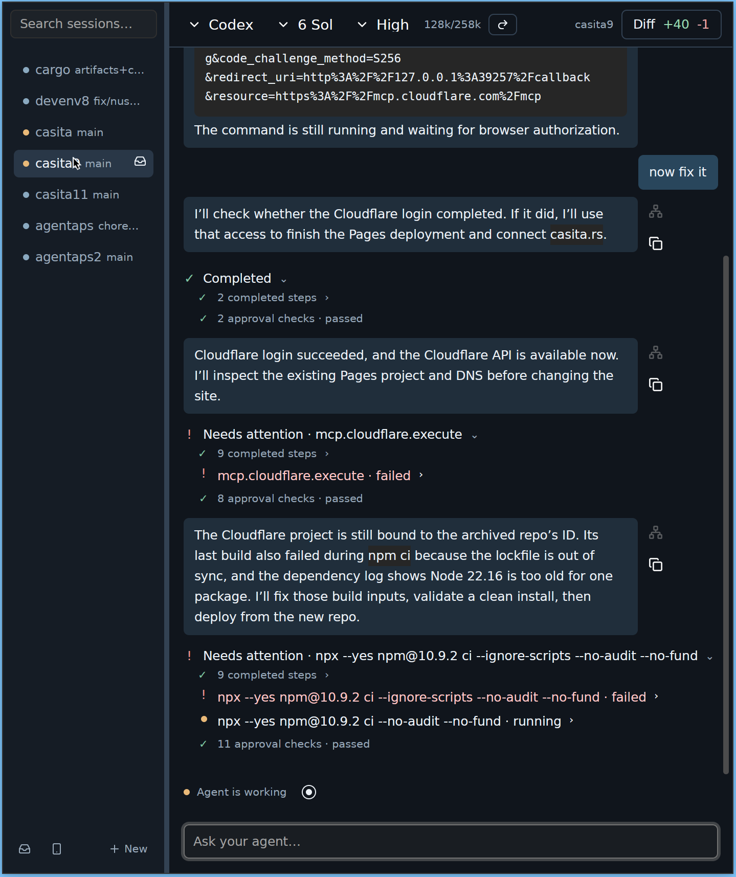 Agentaps desktop app showing project sessions and a Codex conversation